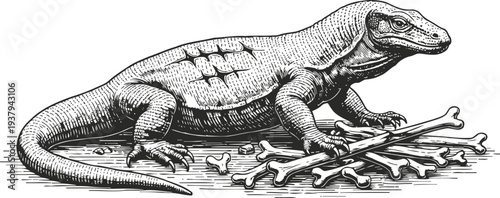 monitor lizard resting on a pile of bones detailed vintage wild reptile illustration