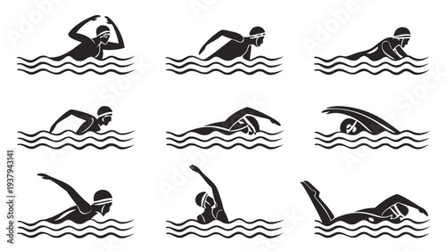 Eight different swimming strokes illustrated in black and white Vector