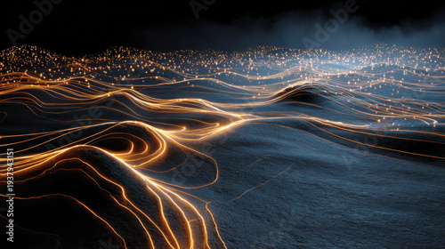 Wallpaper Mural Golden trails glow across dark, undulating terrain Torontodigital.ca