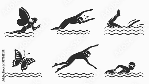 A series of silhouettes depicting various animals and birds in mid-motion over water. Vector