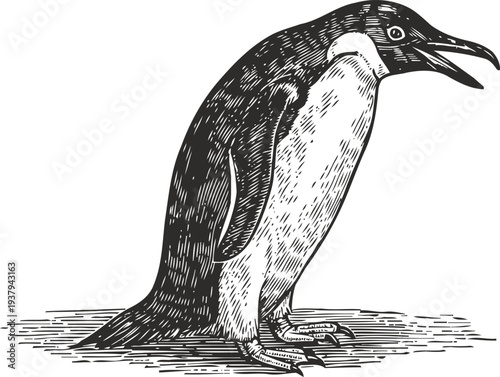 Vintage illustration of a standing penguin bird in black and white engraving