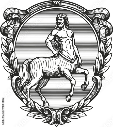 Classic centaur engraving in ornate oval frame with decorative floral elements