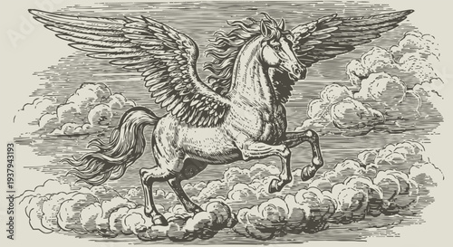 Pegasus flying in cloudy sky mythical winged horse illustration in vintage fantasy creature, ancient mythology art