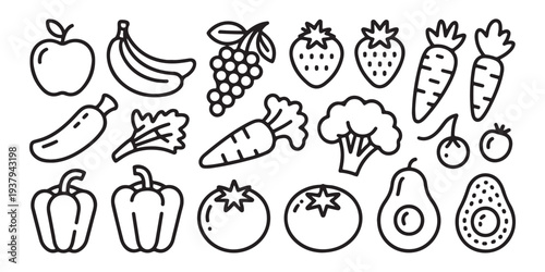 Bold line fruit and vegetable icons pack including pepper tomato carrot and avocado for healthy lifestyle