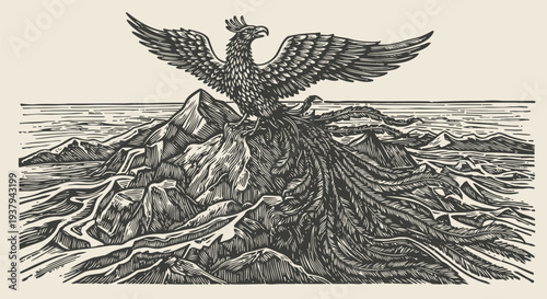 Majestic phoenix rising from mountain peak with spread wings in vintage woodcut engraving