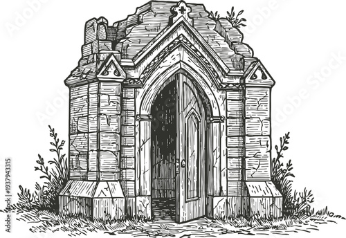 Old stone mausoleum with arched wooden door partially open, surrounded by grass and foliage