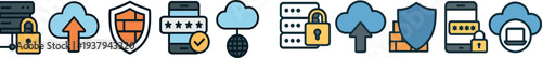 Various icons illustrate cloud storage operations, security measures, and data access. The elements show secure connections, password protection, and global accessibility.