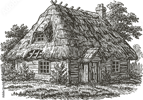 Rustic thatched cottage with wooden walls and chimney surrounded by trees and grass