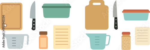 Utensils essential for cooking displayed, including a cutting board, knife, measuring cup, storage container, spice jar, and recipe. Organized for efficient meal preparation.