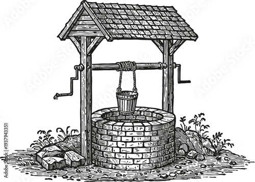 Old fashioned water well with bucket and pulley system surrounded by stones and vegetation