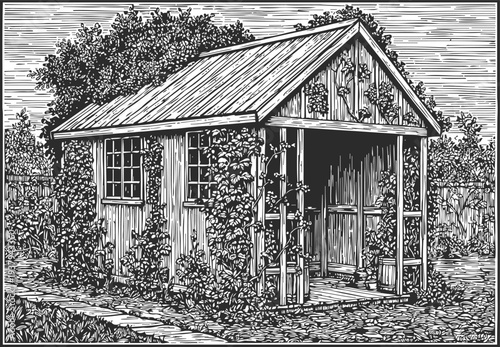 Rustic wooden garden shed with climbing plants and surrounded by foliage in vintage engraving