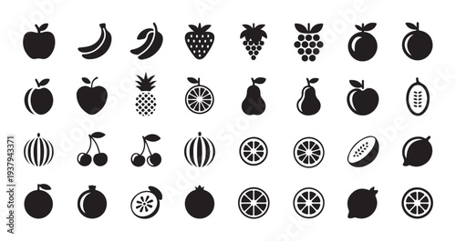 Set of black fruit icons, collection of solid filled silhouettes representing various healthy produce
