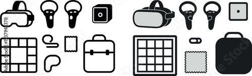 A collection of virtual reality equipment and accessories arranged on a surface, including VR headset, controllers, and a storage case. Ideal for gaming enthusiasts and tech lovers.