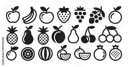 Set of outline and solid fruit icons, mix of line art and filled shapes representing fresh produce