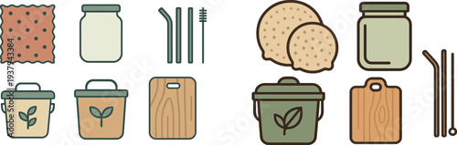 A collection of reusable items including a fabric square, a glass jar, metal straws, a recycling bin, and a wooden cutting board, promoting eco-friendly lifestyles and sustainability.