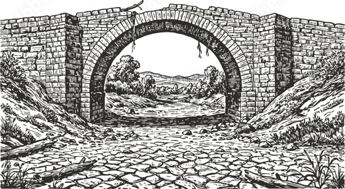 Ancient stone arch bridge over cobblestone path with rural landscape and hills in background