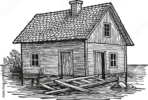 Flooded wooden house with debris floating in water, natural disaster and emergency damage illustration