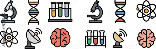 This visual showcases key symbols representing different scientific fields like biology, with a DNA helix, chemistry, featuring test tubes, and physics, with an atom and a satellite dish.