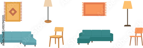 The cozy living room features a blue sectional couch, a tall floor lamp, a wooden chair, and a decorative rug. Sunlight fills the space, creating a welcoming atmosphere.