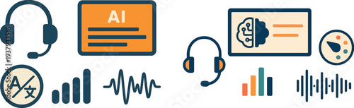 A headset is depicted alongside symbols of artificial intelligence, language translation, signal strength, and sound waves, highlighting advancements in communication technology.