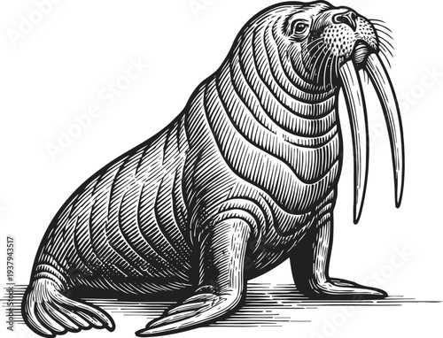 Walrus sitting on ice detailed vintage engraving arctic marine mammal with long tusks and whiskers illustration