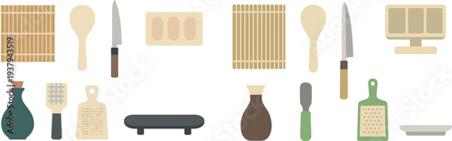 Various kitchen utensils and tools are arranged neatly on a white surface. Items include cutting board, knife, spoon, bottle, and grater. Ideal for cooking enthusiasts.