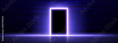 Open digital door glowing with neon light. Vector realistic illustration of futuristic portal, high tech background, abstract futuristic cyber gateway, modern technology concept, business opportunity