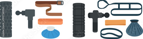 A collection of fitness accessories displayed on a white surface, including a foam roller, massage gun, exercise belt, heating pad, and ice pack for effective recovery and muscle care.