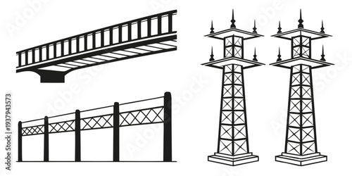 A collection of various types of bridges and towers for structural support. Vector