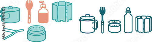 Essential camping gear laid out for a cooking session in the wilderness. Includes a pot, fork, bottle, stove screen, and a grilling tool, ready for preparation in nature.