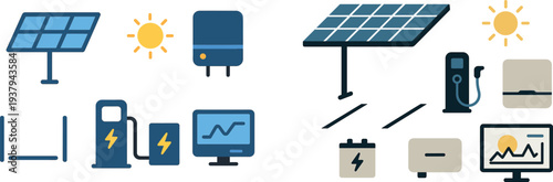 Visual representation showcases various renewable energy elements like solar panels, a sun, battery storage, electric charging stations, and a monitor displaying data. The focus is on clean energy.
