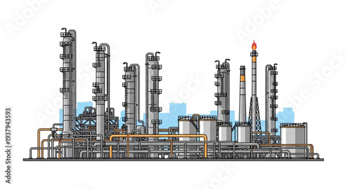Modern industrial oil refinery complex with distillation towers and storage tanks.