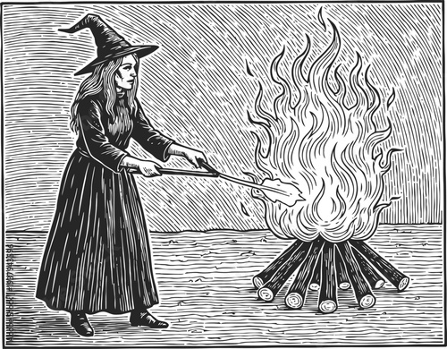 Witch in classic hat roasting over a blazing fire with large flames in vintage woodcut