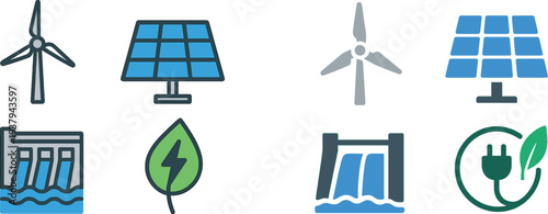 Four symbols represent renewable energy sources: a wind turbine, a solar panel, a hydroelectric dam, and a green leaf with a lightning bolt. Each element signifies clean energy solutions.
