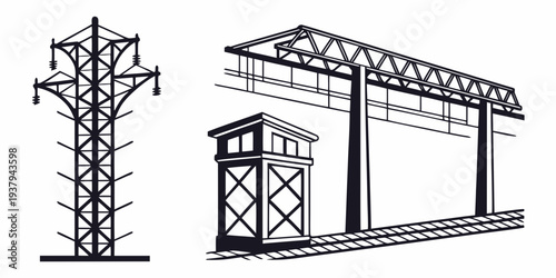 A detailed illustration of a tree and a wooden structure with a roof. Vector