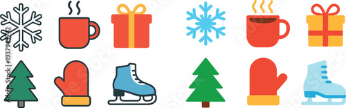 A collection of winter-themed icons, including a snowflake, a steaming mug, a gift box, a pine tree, a mitten, and an ice skate, perfect for seasonal decorations.