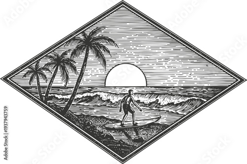 Surfer riding ocean waves at sunset with palm trees on a tropical beach scene