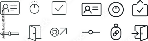 A collection of simple line icons representing important concepts like identity cards, timers, checkmarks, sliders, doors, and directional aids.