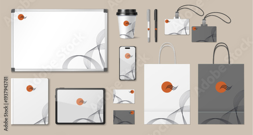 Corporate stationery mockup set, isolated vector illustrations. Brand identity template including whiteboard, business cards, coffe cup, bags and office supplies with abstract wavy lines pattern