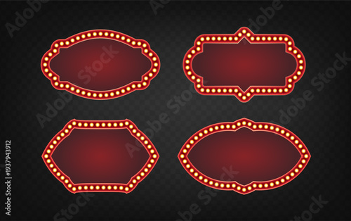 Vintage vegas casino show bulb frame, glowing retro signboard isolated on transparent background. 3D red border set with neon light elements, classic circus show or cinema design elements