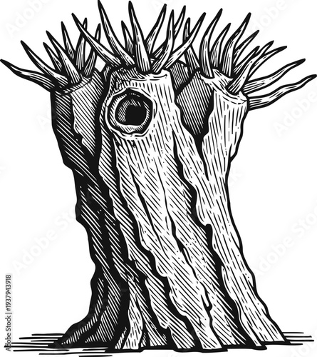 Ancient tree stump with twisted roots and hollow cavity, black and white woodcut illustration