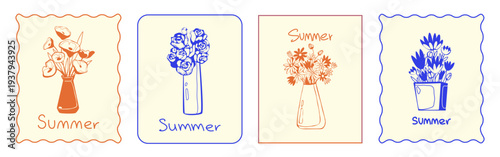 Abstract floral posters with hand drawn flowers in vase, sketch style set of vector borders. Modern minimalist vintage design for Mother's Day cards, spring greeting postcards, or retro art prints.