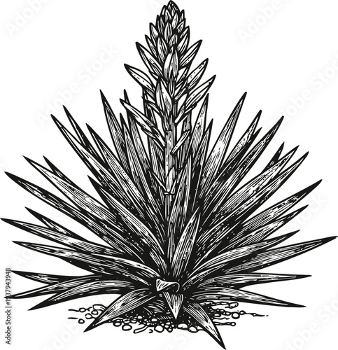 Agave plant botanical illustration spiky succulent leaves with flowering stalk desert xerophyte nature drawing