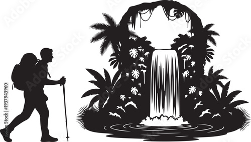 Silhouette of a hiker approaching a jungle waterfall scene