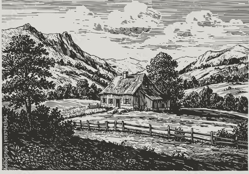Rustic countryside cottage surrounded by mountains and trees in vintage black and white engraving