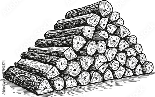 Stack of firewood logs arranged in a pile, detailed hand drawn lumber illustration