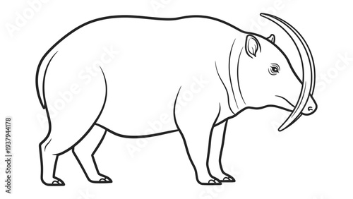 Prehistoric Mammal Illustration: Detailed outline of a prehistoric mammal with distinct curved tusks. A simple yet striking illustration showcasing the ancient fauna.