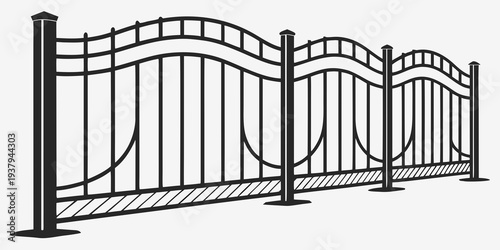 An elegant black wrought iron fence with intricate designs and a gate Vector