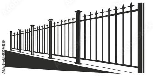 A black and white image of a long line of metal fences in a row Vector