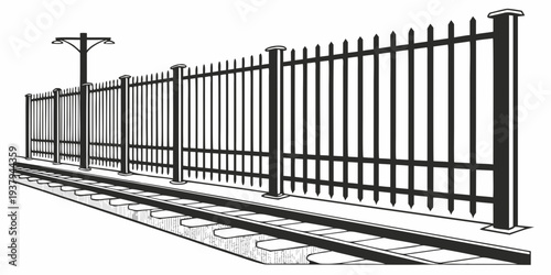 A detailed illustration of a long fence running parallel to a train track. Vector